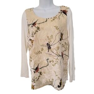 Anthro Deletta Bird Print Long Sleeve Top Cream S Velvet Burnout OAK SONG Dainty